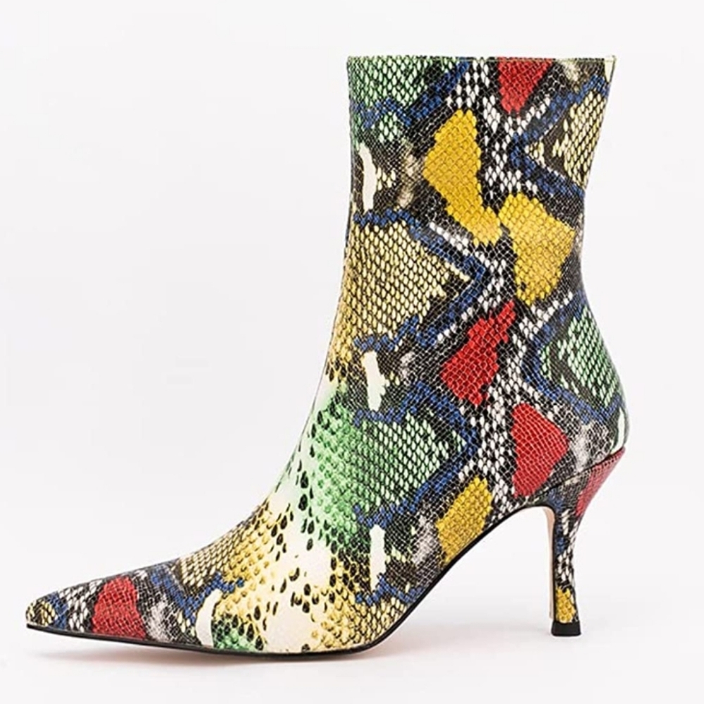 LEMUTISME Snake-skin Booties Chic Pointed toe Side Zip